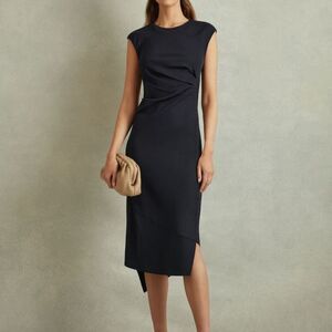 REISS FRANCESCA BODYCON RUCHED MIDI DRESS IN NAVY SIZE 2